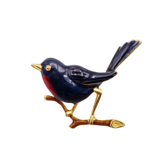 Brooch Bluebird Of Happiness Red Breasted Perched Enamel Gold Tone - Picture 1 of 5